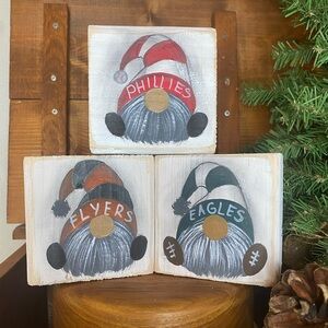 Wooden gnome painting (Phillies, Eagles, Steelers, etc.)